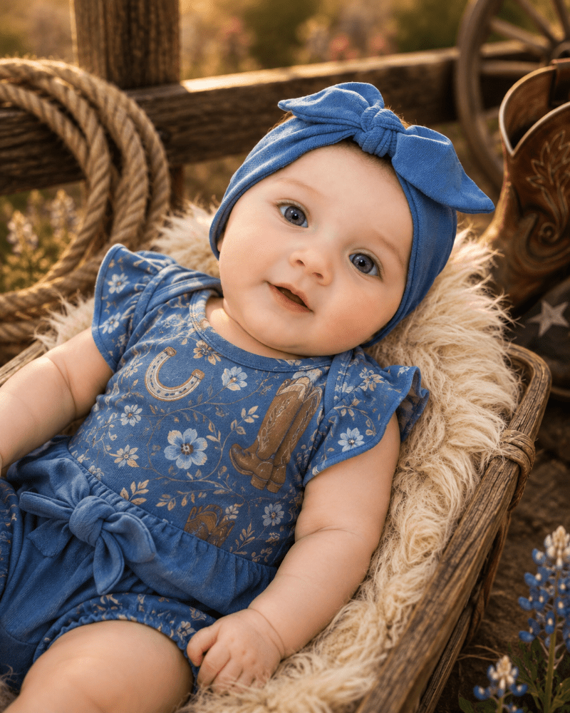 A baby wearing a blue floral romper and matching blue bow headband, sitting in a rustic wooden basket lined with faux fur outdoors.