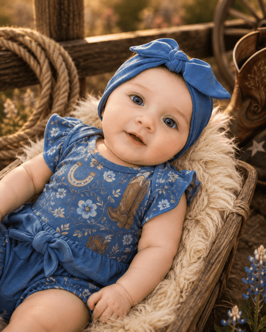 A baby wearing a blue floral romper and matching blue bow headband, sitting in a rustic wooden basket lined with faux fur outdoors.