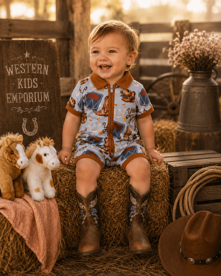 Child in a cowboy outfit sitting on a hay bale with cowboy boots, surrounded by rustic elements.