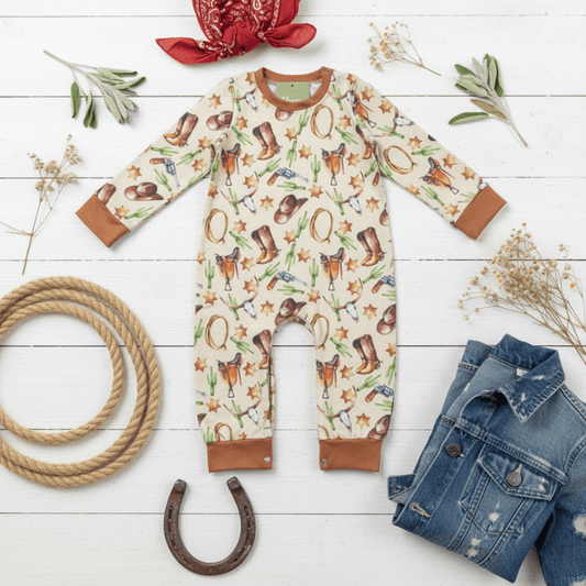 Baby's onesie with cowboy pattern on a white wooden surface with accessories.