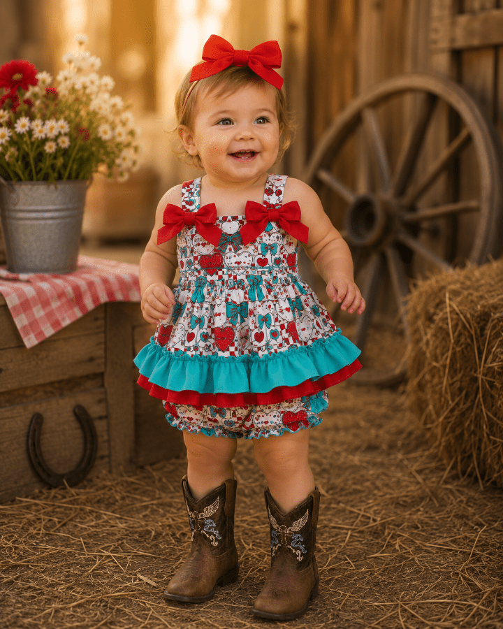 Child wearing a colorful dress with bows and cowboy boots in a rustic setting.