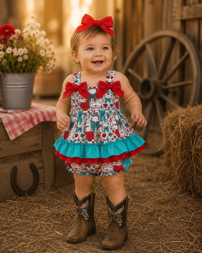 Child wearing a colorful dress with bows and cowboy boots in a rustic setting.