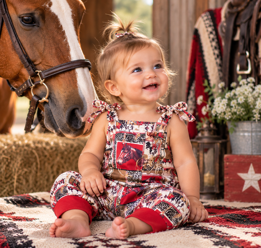 A toddler girl wearing a western-themed printed romper sits on a patterned rug next to a brown horse, with rustic barn decor in the background.