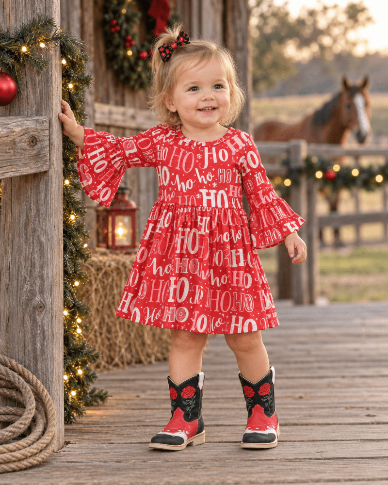 A toddler girl stands on a rustic wooden porch wearing a red Christmas dress with a white 'HO HO HO' print, red and black cowboy boots, and a red bow in her hair. A horse is visible in the background, and holiday decorations with warm string lights adorn the porch.