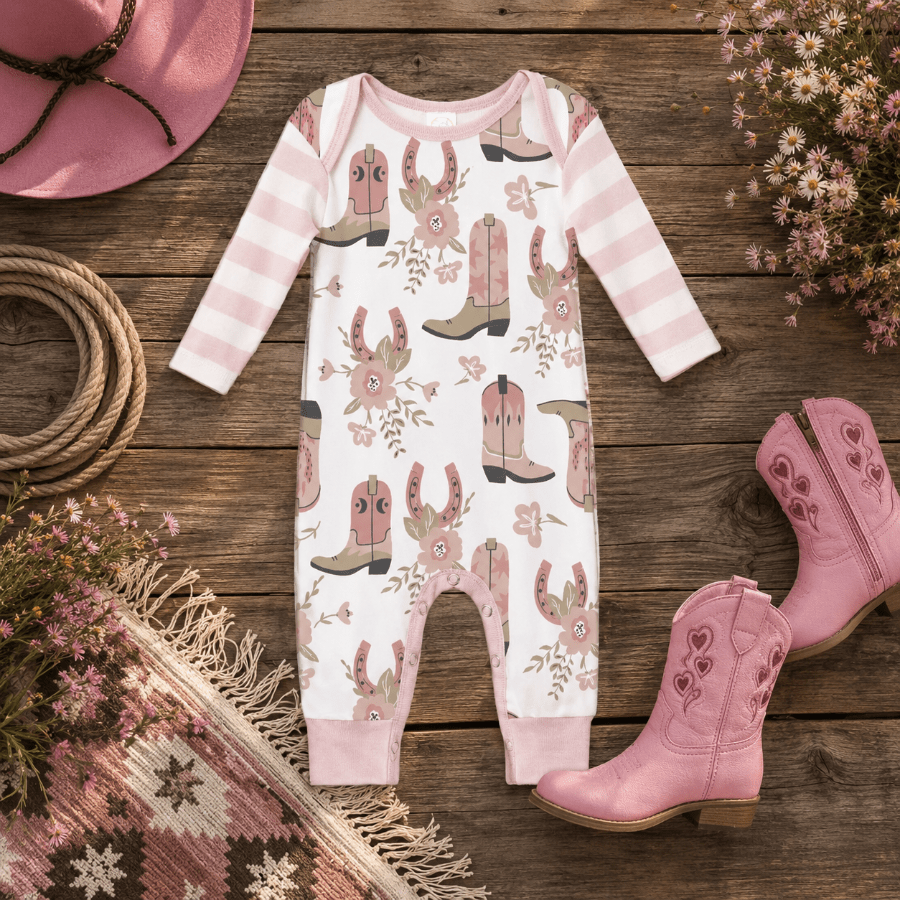 A baby long-sleeve footless romper laid flat on a rustic wooden surface, styled with pink cowboy boots, a pink hat, flowers, rope, and a patterned rug. The romper is white with light pink horizontal stripes on the sleeves and legs, and an allover print of pink and tan cowboy boots with floral details.