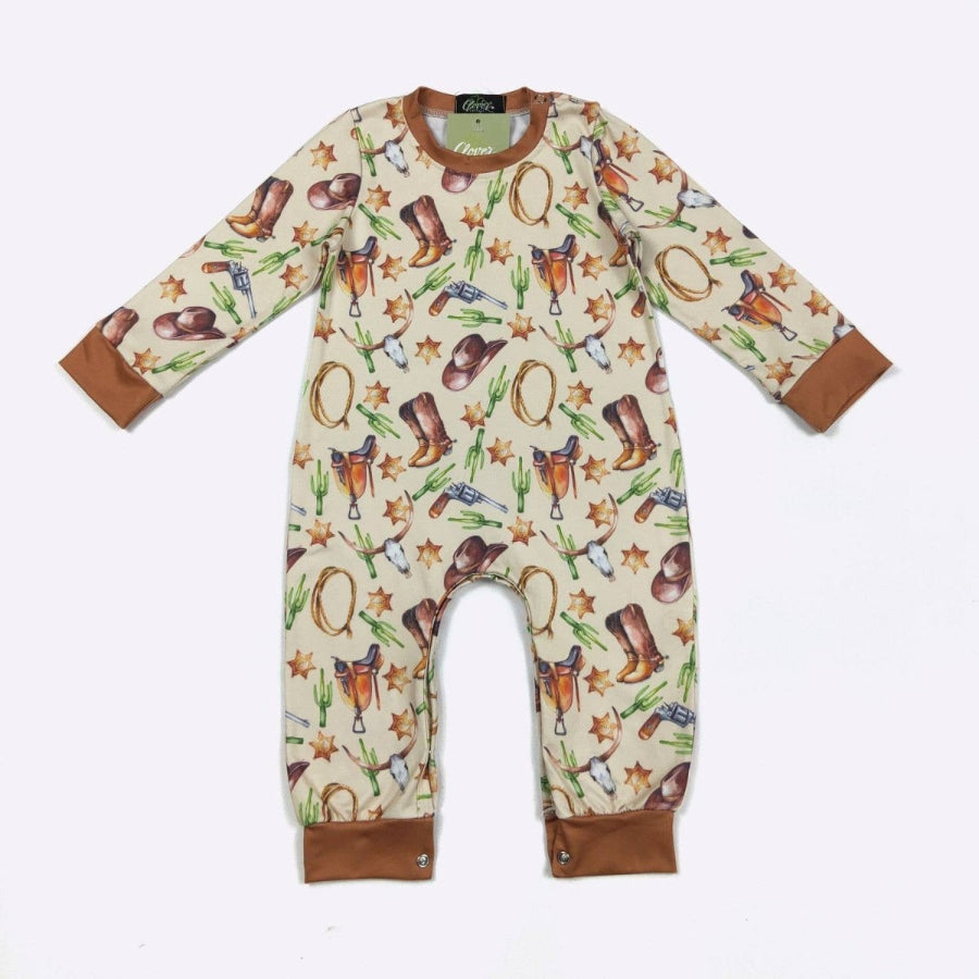 Baby onesie with cowboy pattern on a white background