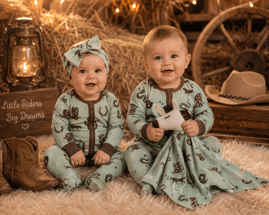 Two children in matching western rompers sitting on a hay bale with cowboy-themed decor.