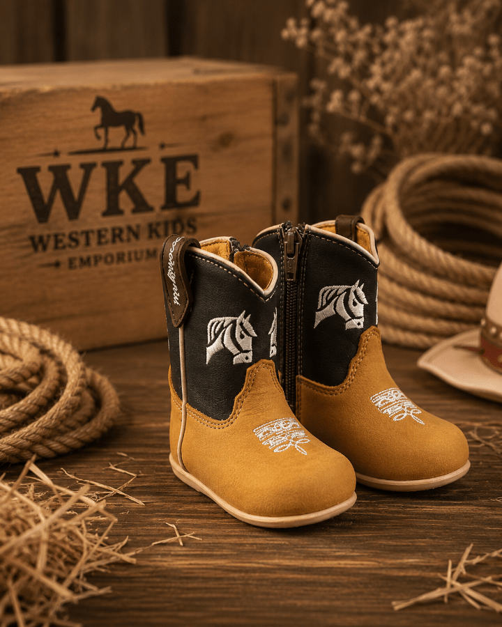 A pair of toddler western boots in mustard yellow and black suede, featuring white embroidered horse logos, displayed on a rustic wooden surface with a WKE Western Kids box and coiled rope in the background.