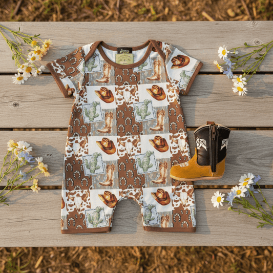 Baby romper with cowboy print and matching boot on a wooden surface with flowers.
