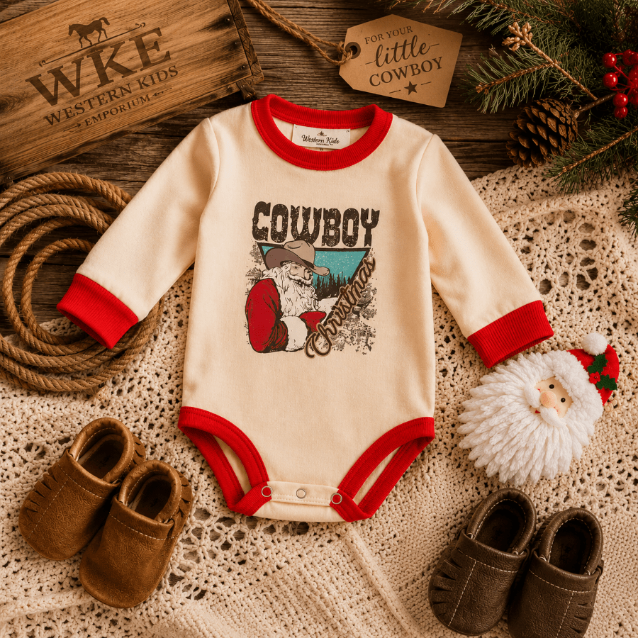 A cream long-sleeve baby bodysuit with red trim and a 'COWBOY' graphic print, styled in a rustic flat-lay with baby shoes, a Santa hat, rope, lace, and a wooden sign.