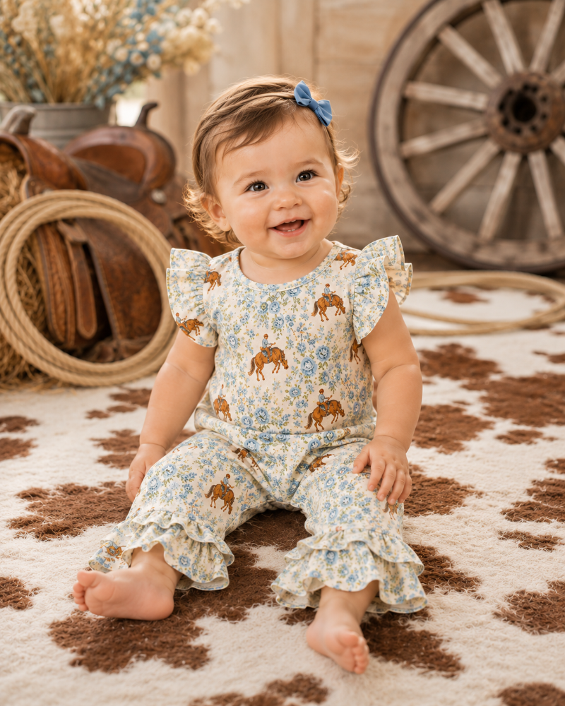 A smiling baby girl sitting on a cow-print rug, wearing a light blue and white floral romper with brown horse prints and ruffled sleeves and legs. She has a blue bow in her hair, with rustic western decor in the background.