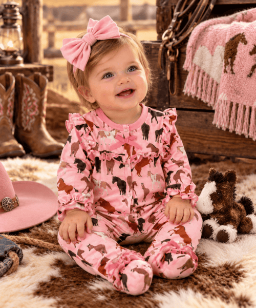 Girls Pink Horse Ruffle Footed Romper