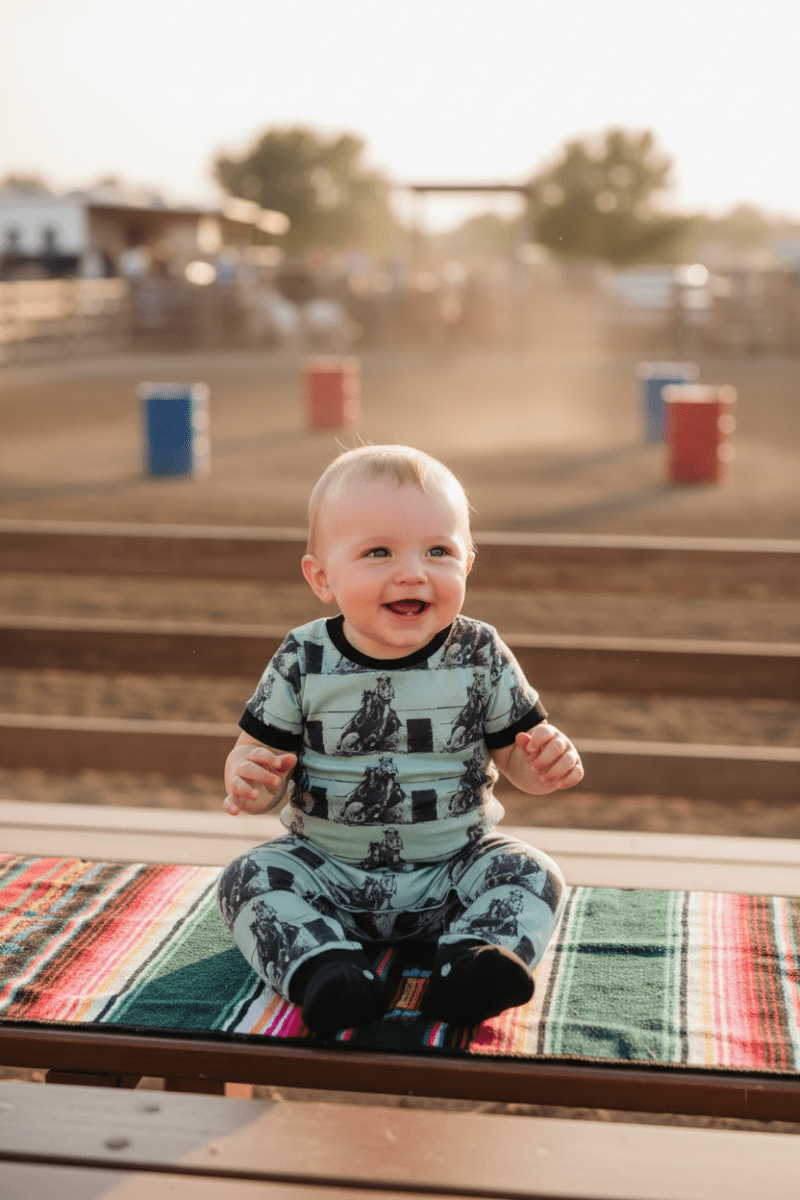 Baby sitting on a colorful blanket outdoors with a blurred background