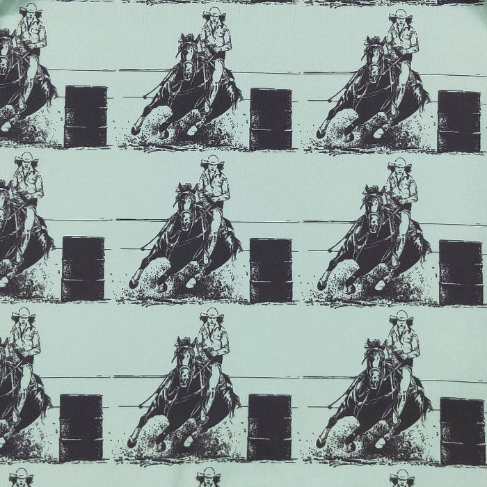 Repeating pattern of a cowboy on horseback with barrels on a light blue background