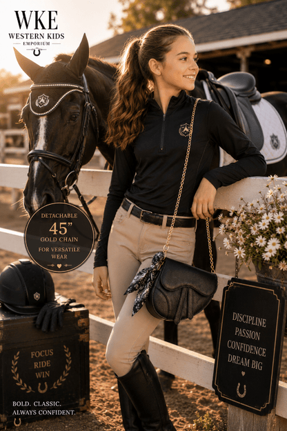 Gitl in equestrian attire standing next to a horse with WKE Western Kids Emporium branding.