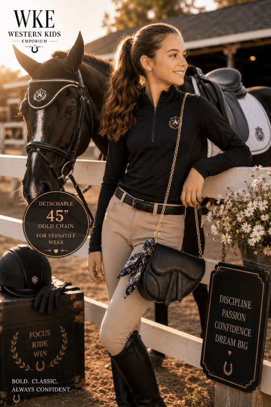 Gitl in equestrian attire standing next to a horse with WKE Western Kids Emporium branding.