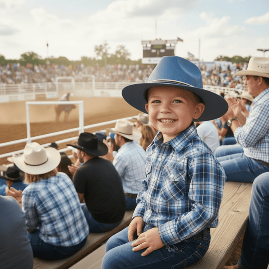 Young boy in a blue hat and plaid shirt at a rodeo event, surrounded by spectators.