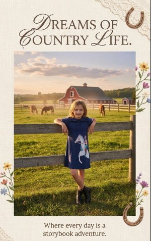 Young girl in a blue dress standing in front of a wooden fence with a red barn in the background, text 'Dreams of Country Life' above.