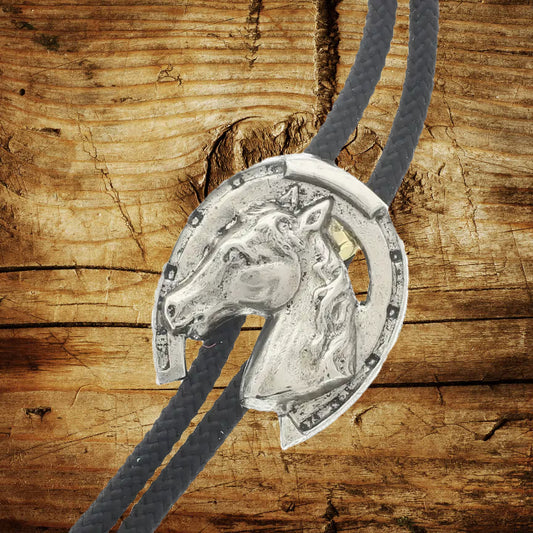 "Lucky Spur" Horseshoe Bolo Tie – Black Cord with Silver Tips image 0