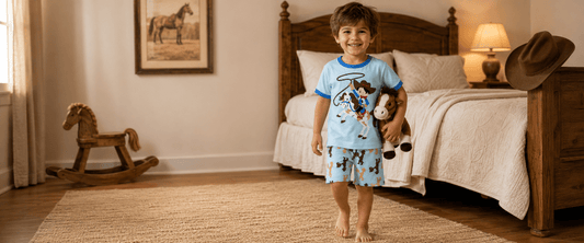 A young boy stands barefoot in a rustic bedroom, wearing a light blue cowboy-themed pajama set with a graphic print. He is holding a brown plush toy.