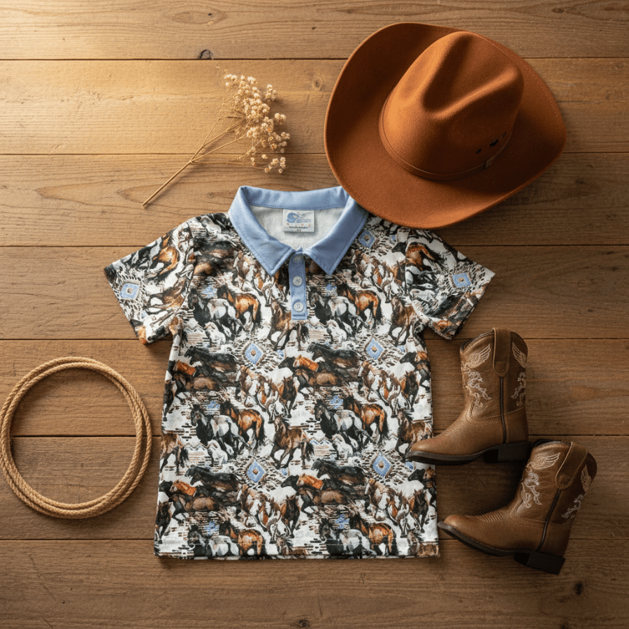 Boys Running Horses Polo Shirt western flat lay with brown cowboy hat and boots - Western Kids Emporium