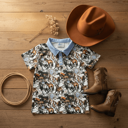 Boys Running Horses Polo Shirt western flat lay with brown cowboy hat and boots - Western Kids Emporium