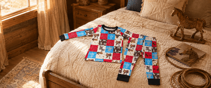 A long-sleeve pajama set with a rustic cow print pattern, laid flat on a bed with a beige quilted cover in a warm, rustic bedroom setting.