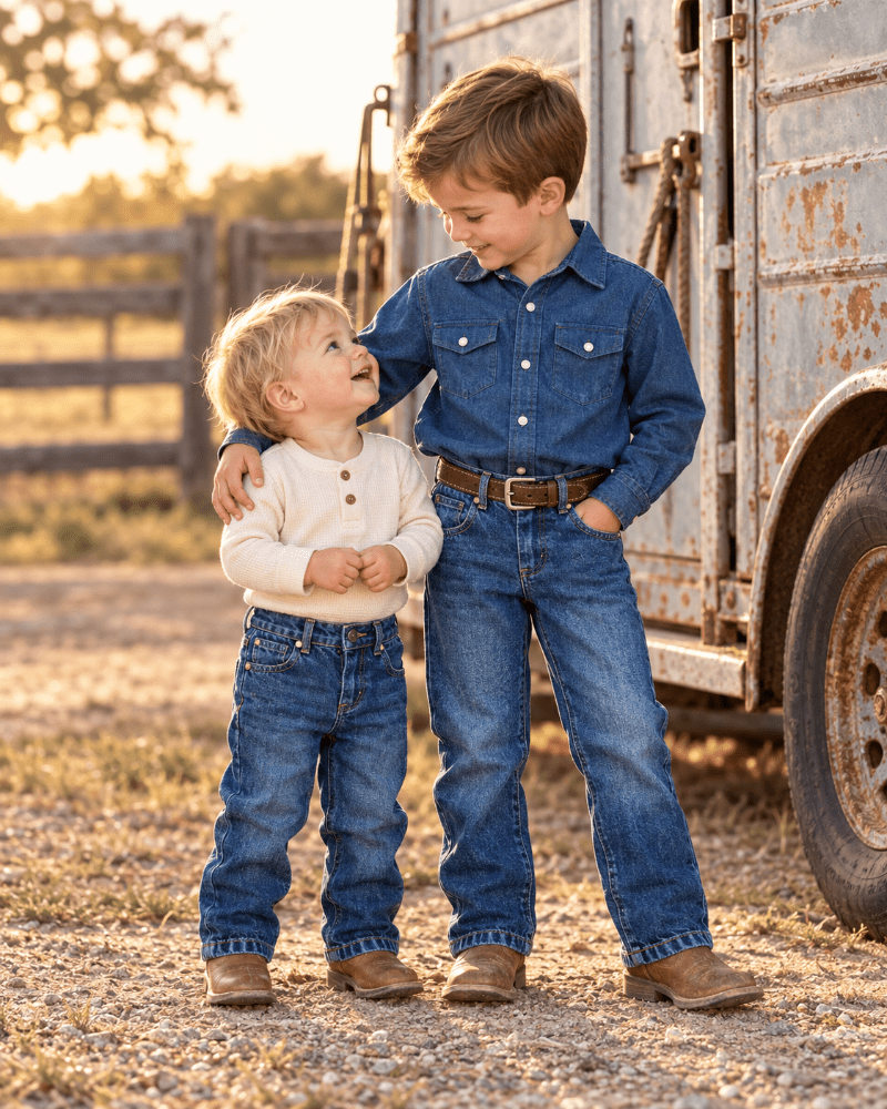 Boys wearing western jeans with horse trailer