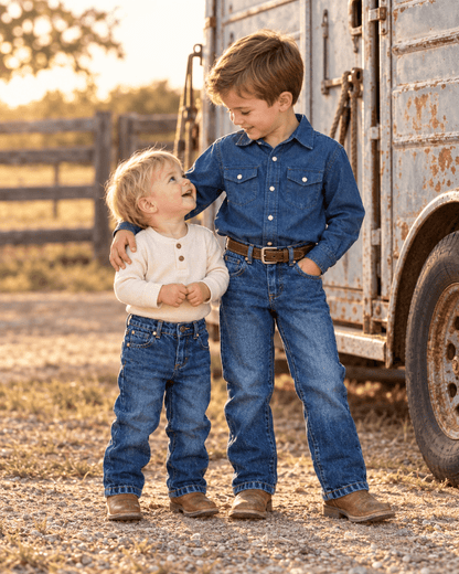 Boys wearing western jeans with horse trailer