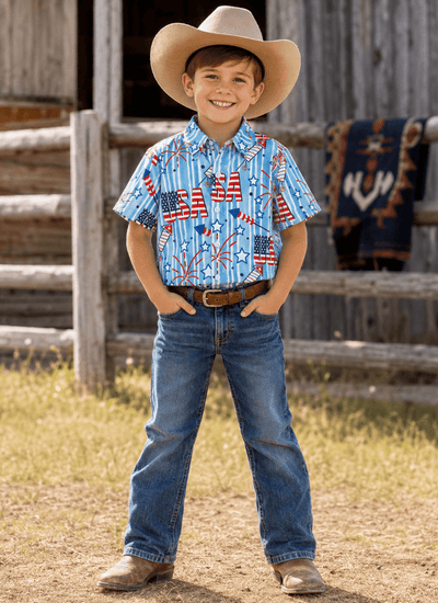 Patriotic Kids Star-Spangled Style USA Flag Button-Up Shirt