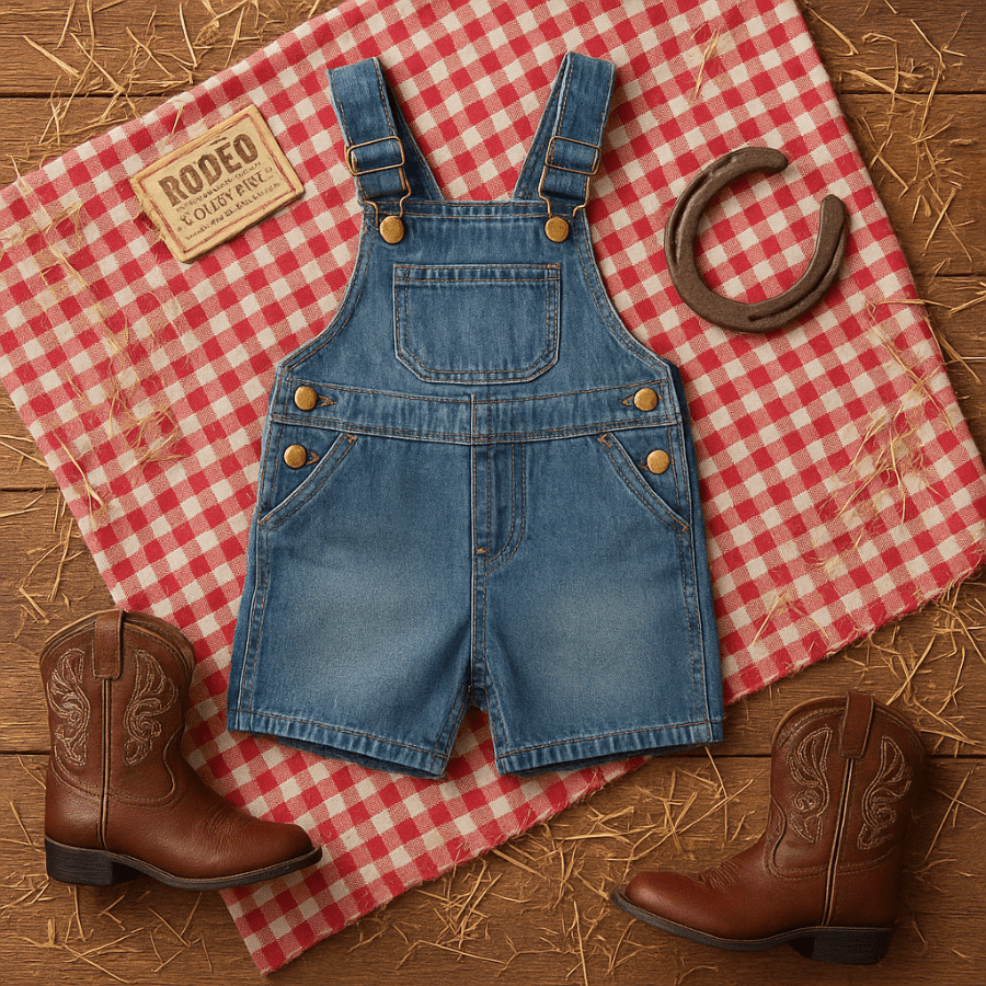 Blue denim overalls with brown cowboy boots on a red and white checkered cloth.