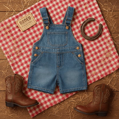 Blue denim overalls with brown cowboy boots on a red and white checkered cloth.