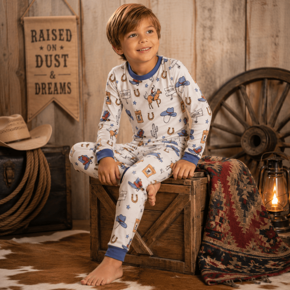 A young boy wearing a white long-sleeve pajama set with a cowboy-themed print, sitting on a wooden crate in a rustic western-themed room.