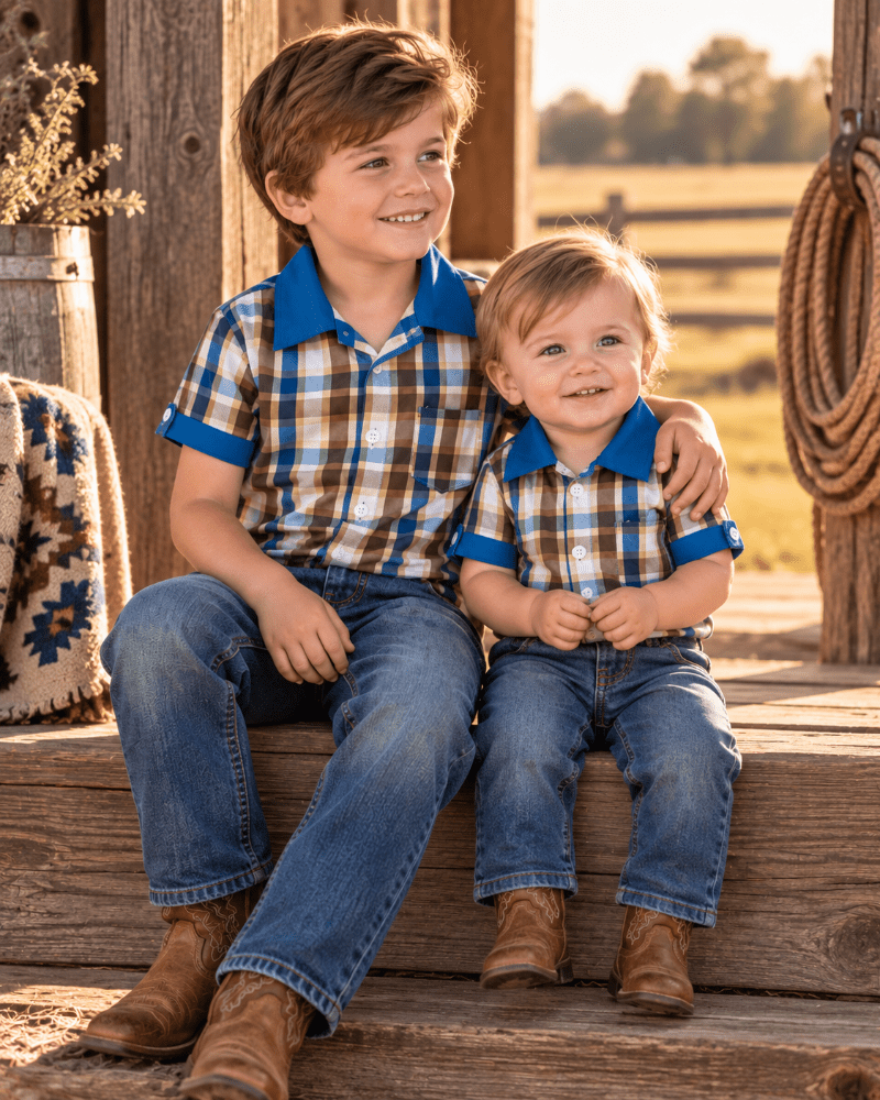 Two children sitting together on rustic wooden steps outdoors, wearing matching plaid short-sleeve polo shirts with blue collars and cuffs, blue jeans, and brown boots.