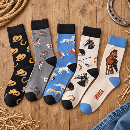 Five pairs of western-themed socks displayed flat on a rustic wooden surface with straw and denim props. The socks feature horse and cowboy motifs in various colors including black, gray, blue, beige, and brown.