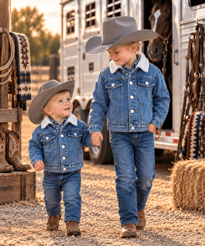 Two young boys wearing matching blue denim cowboy jackets with white sherpa collars, blue jeans, and gray cowboy hats, walking hand-in-hand on a dirt path in front of a horse trailer.