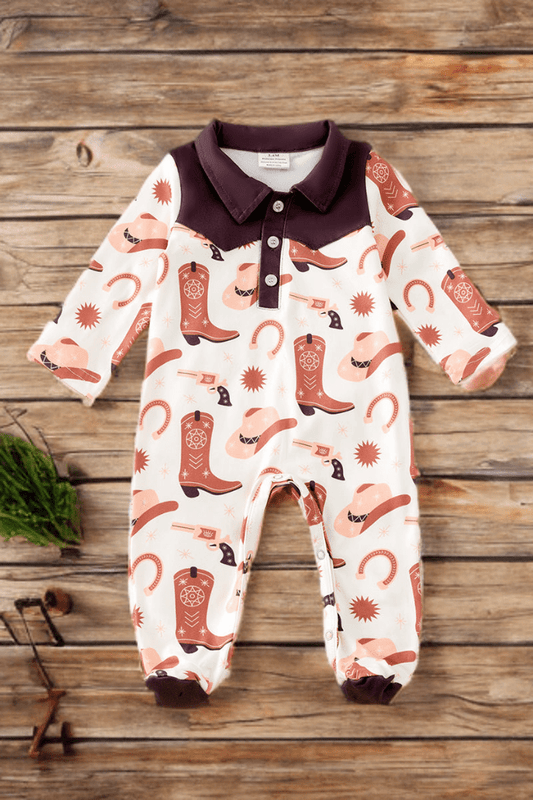 Brown & Ivory Boot Print Baby Romper – Western-Inspired Style with Snaps