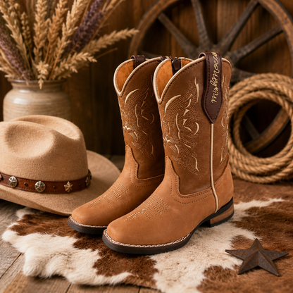 Kids Genuine Leather Western Cowboy Boots | Wide Square Toe | Sizes 7–12