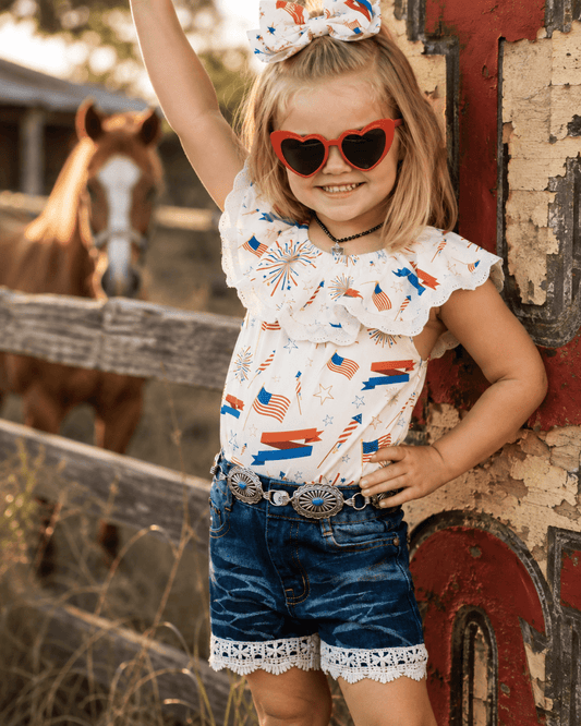American Flag Star-Spangled Lace Top - Patriotic Kids Summer Shirt for Fourth of July Outfit