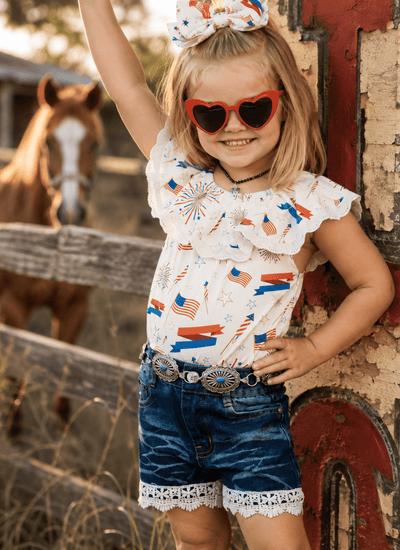 American Flag Star-Spangled Lace Top - Patriotic Kids Summer Shirt for Fourth of July Outfit