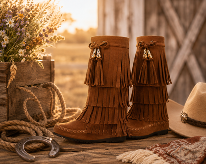 Kick Up the Fun: Fringe Fandango Extravaganza with our Fringy-15Y Western Style Girls' Fringe Tassel Boots!