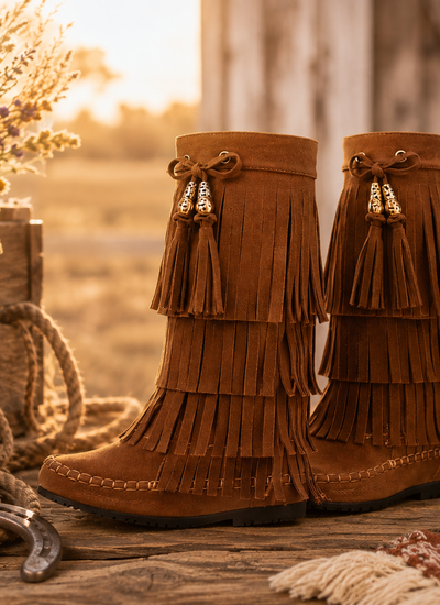 Kick Up the Fun: Fringe Fandango Extravaganza with our Fringy-15Y Western Style Girls' Fringe Tassel Boots!