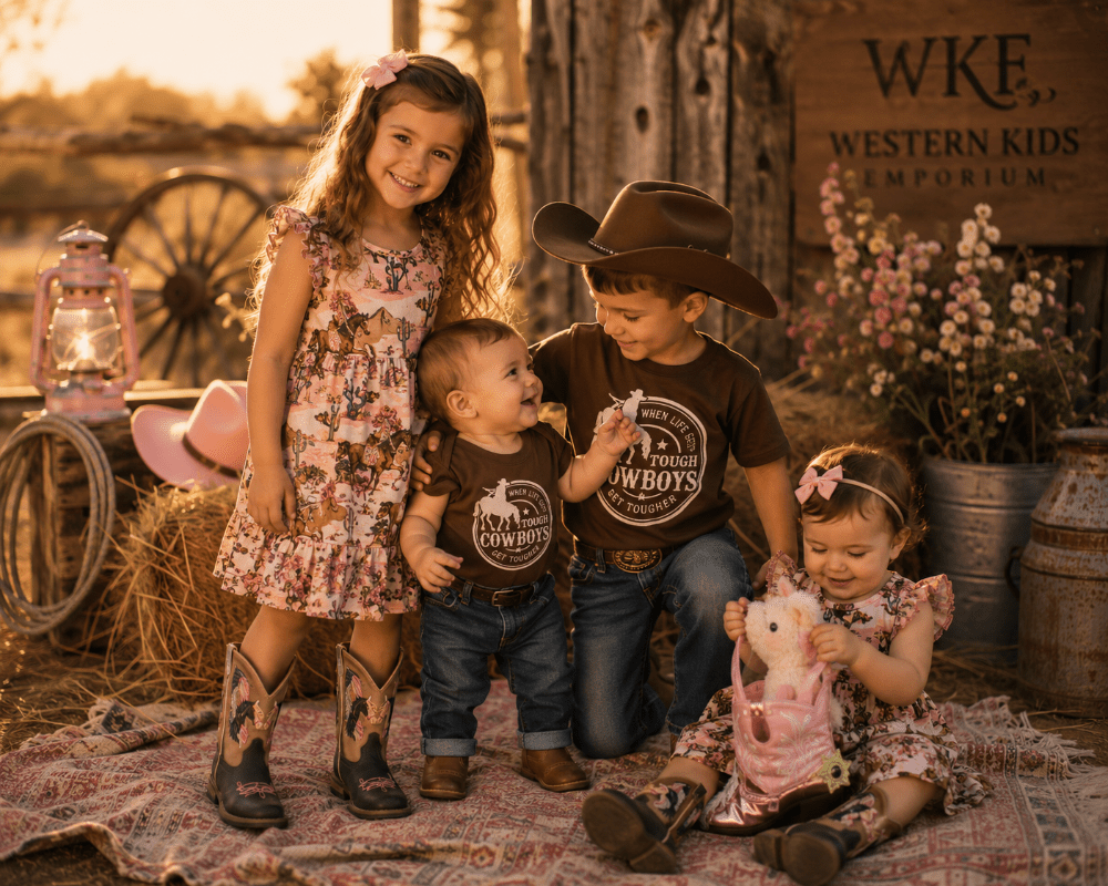 Four children posing together in a rustic Western-themed studio setting. Two children wear matching brown 'Western Kids Cowboys' t-shirts, while the other two wear floral dresses.