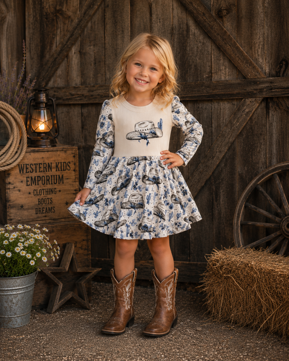 Rancher Cowgirl Graphic Long Sleeve Dress - Baby, Toddler, & Kids