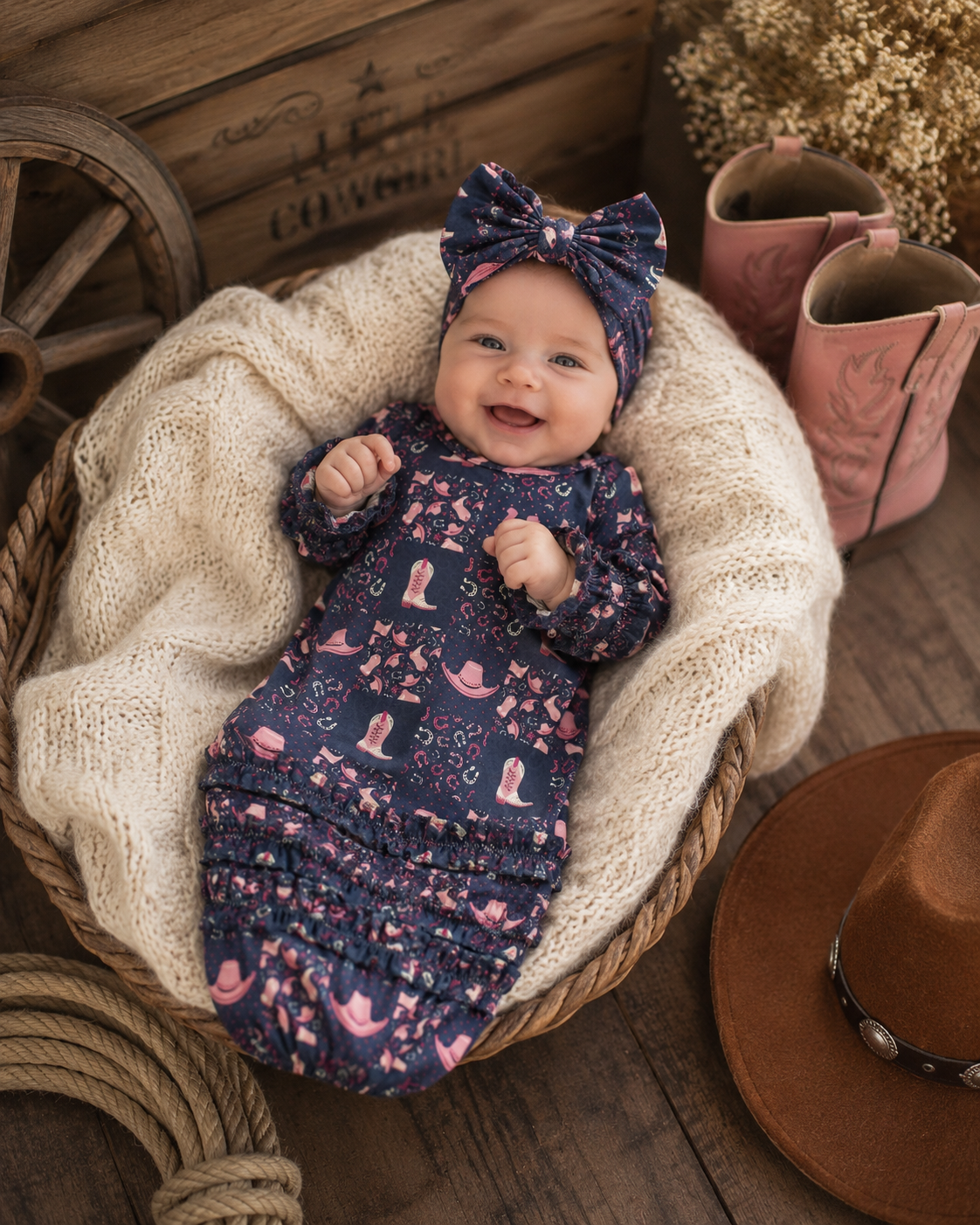 Preppy Cowgirl Newborn Baby Gown with Matching Headband