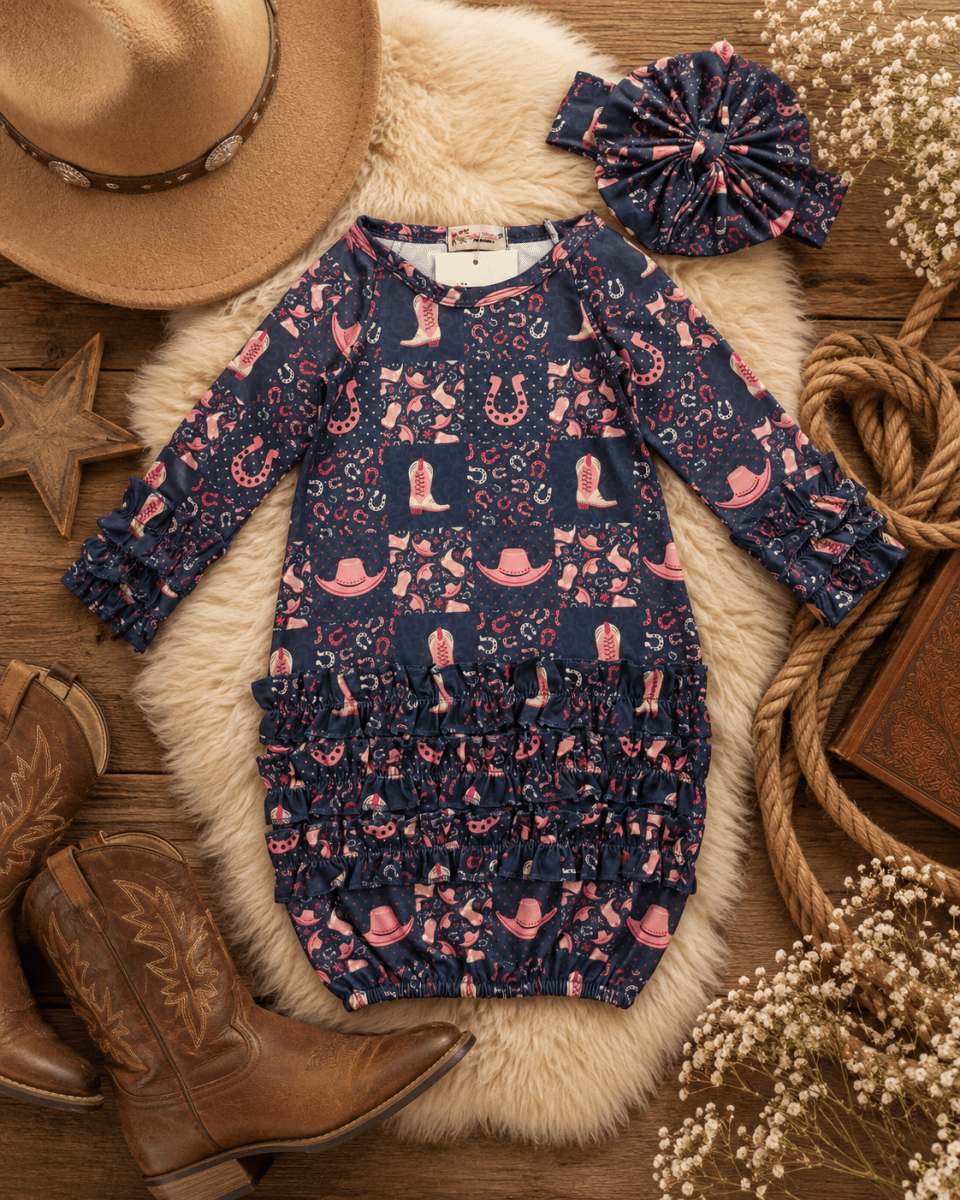 Preppy Cowgirl Newborn Baby Gown with Matching Headband