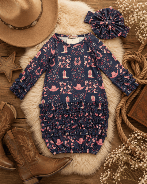 Preppy Cowgirl Newborn Baby Gown with Matching Headband