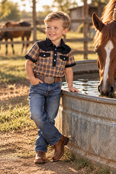Little Rancher Brown Plaid Pearl Snap Shirt