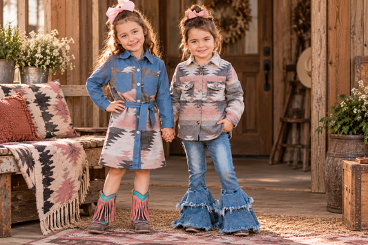 Two young girls standing on a rustic wooden porch wearing matching western-style outfits. One girl wears a blue denim shirt and skirt set with a pink, gray, and beige Southwestern pattern, paired with pink fringe boots.