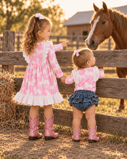 Grazing Horse Ruffle Long Sleeve Dress